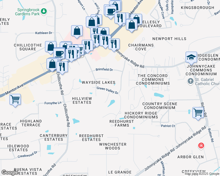 map of restaurants, bars, coffee shops, grocery stores, and more near 9605 Green Valley Drive in Mentor