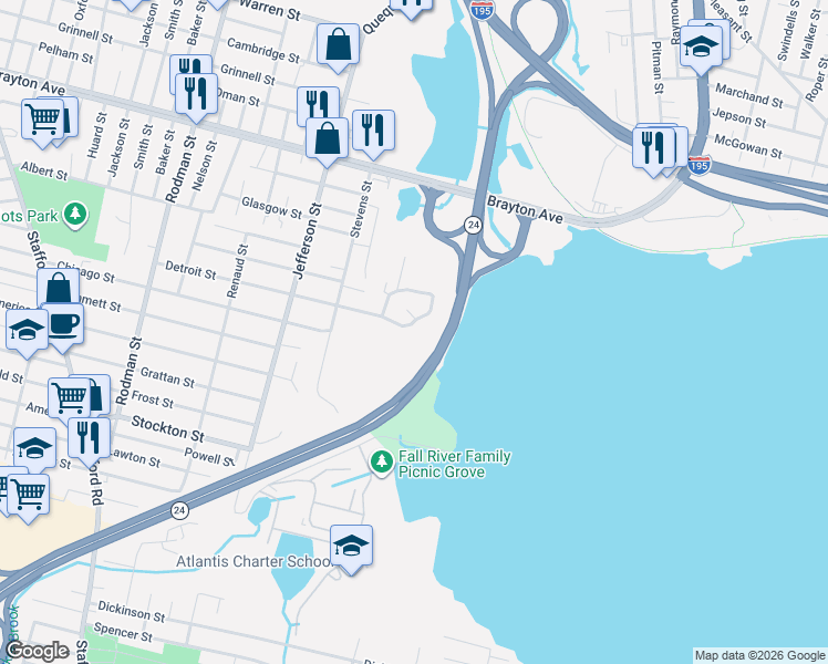 map of restaurants, bars, coffee shops, grocery stores, and more near 521 Detroit Street in Fall River