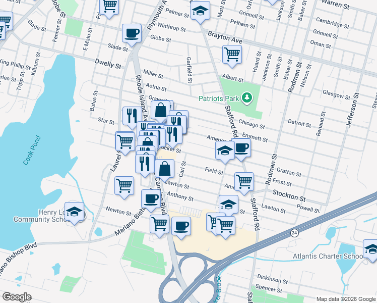 map of restaurants, bars, coffee shops, grocery stores, and more near 456 Tucker Street in Fall River