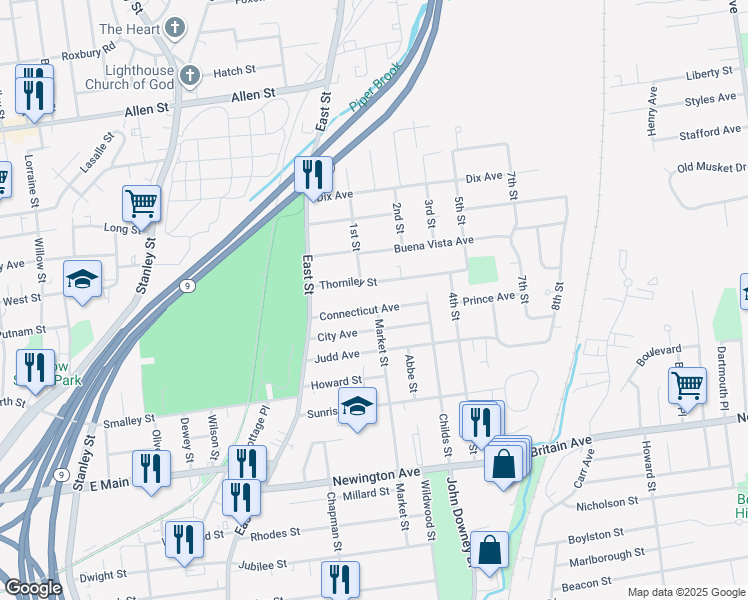 map of restaurants, bars, coffee shops, grocery stores, and more near 77 Thorniley Street in New Britain
