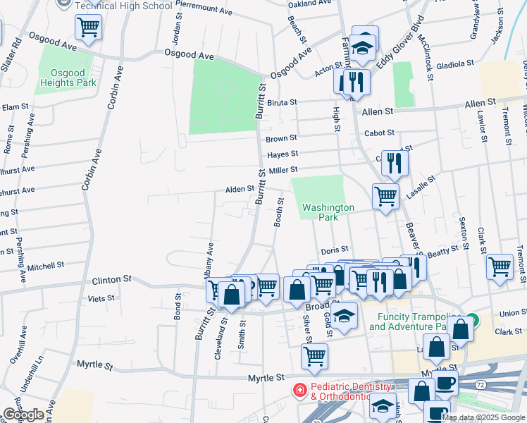map of restaurants, bars, coffee shops, grocery stores, and more near 471 Burritt Street in New Britain