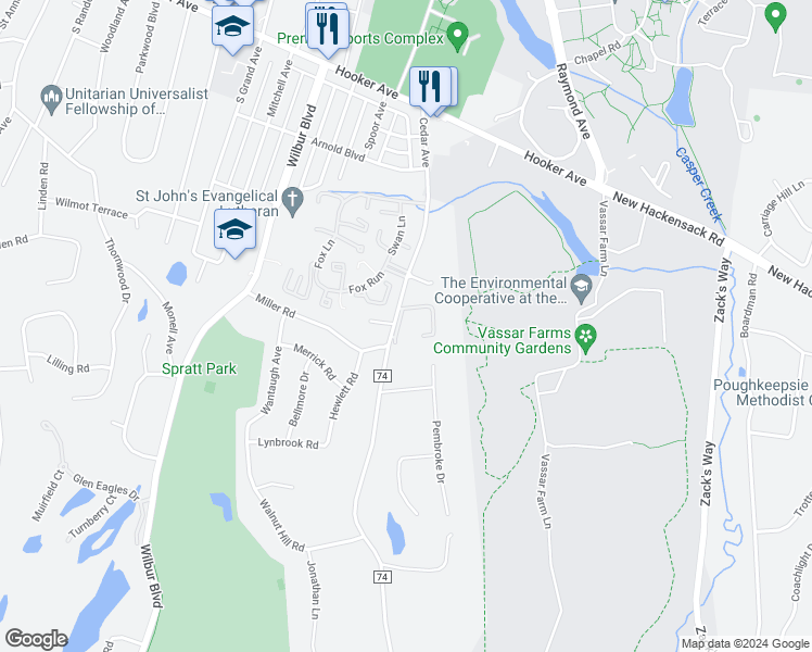 map of restaurants, bars, coffee shops, grocery stores, and more near 6 Knightsbridge in Poughkeepsie