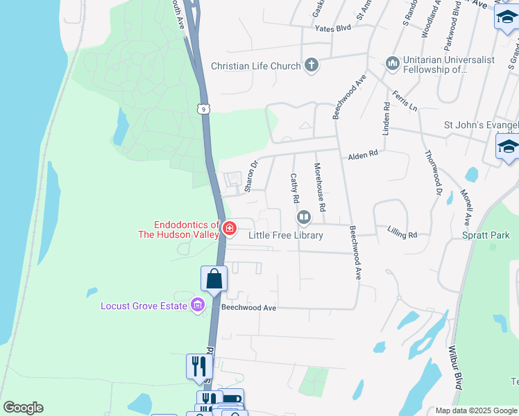 map of restaurants, bars, coffee shops, grocery stores, and more near 21 Priscilla Lane in Poughkeepsie