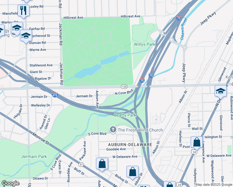 map of restaurants, bars, coffee shops, grocery stores, and more near 1401 North Cove Boulevard in Toledo