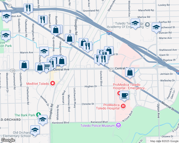 map of restaurants, bars, coffee shops, grocery stores, and more near 3037 Algonquin Parkway in Toledo