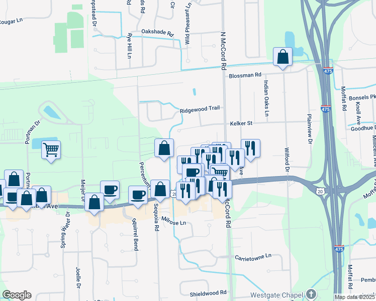map of restaurants, bars, coffee shops, grocery stores, and more near 6809 Woodmeadow Drive in Toledo