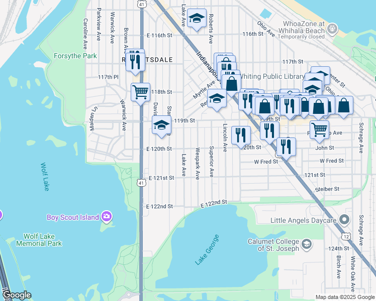 map of restaurants, bars, coffee shops, grocery stores, and more near 1948 Wespark Avenue in Whiting