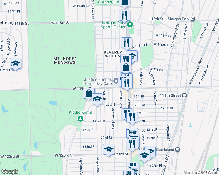 map of restaurants, bars, coffee shops, grocery stores, and more near 2501 119th Street in Blue Island