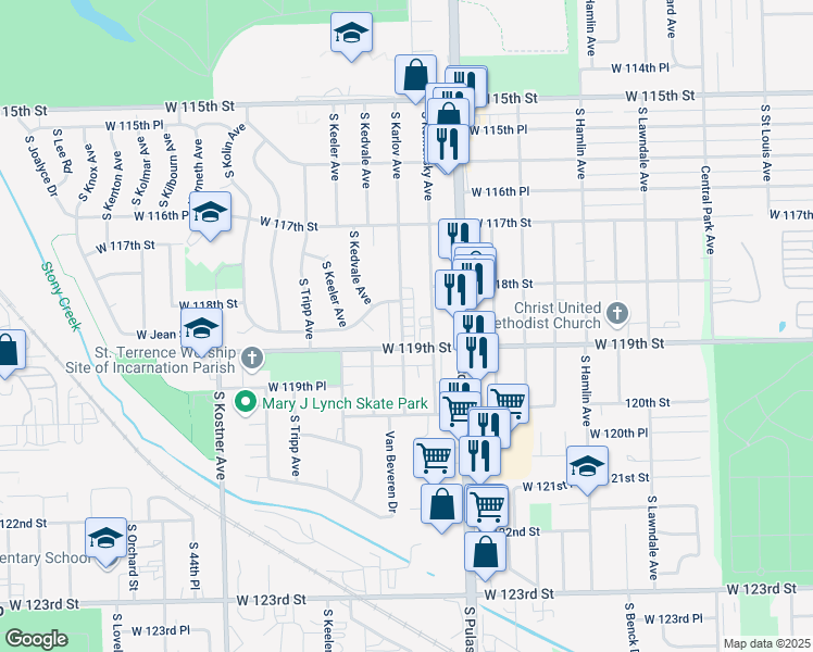 map of restaurants, bars, coffee shops, grocery stores, and more near 11830 South Komensky Avenue in Alsip