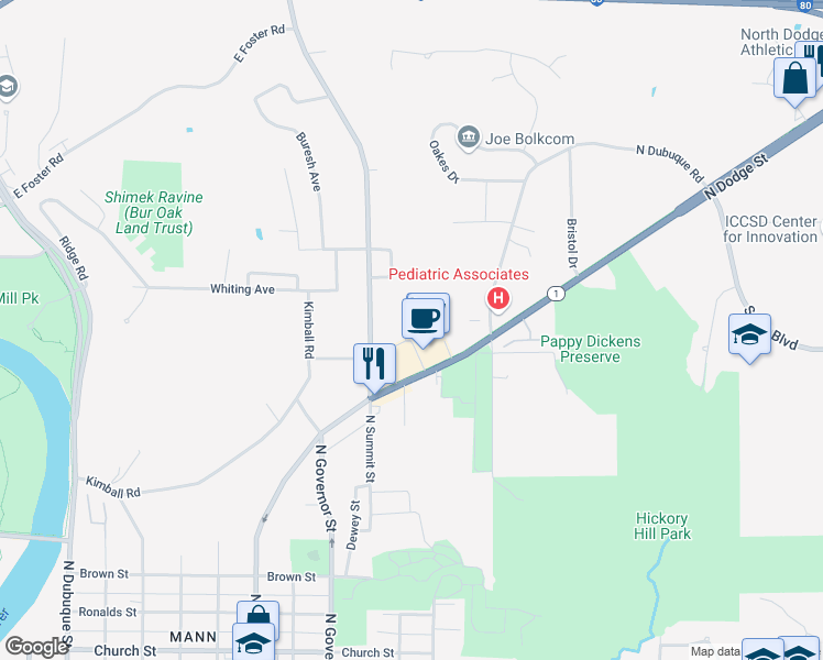 map of restaurants, bars, coffee shops, grocery stores, and more near 1120 St Clements Alley in Iowa City