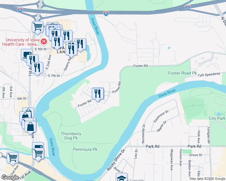 map of restaurants, bars, coffee shops, grocery stores, and more near 1018 Foster Road in Iowa City