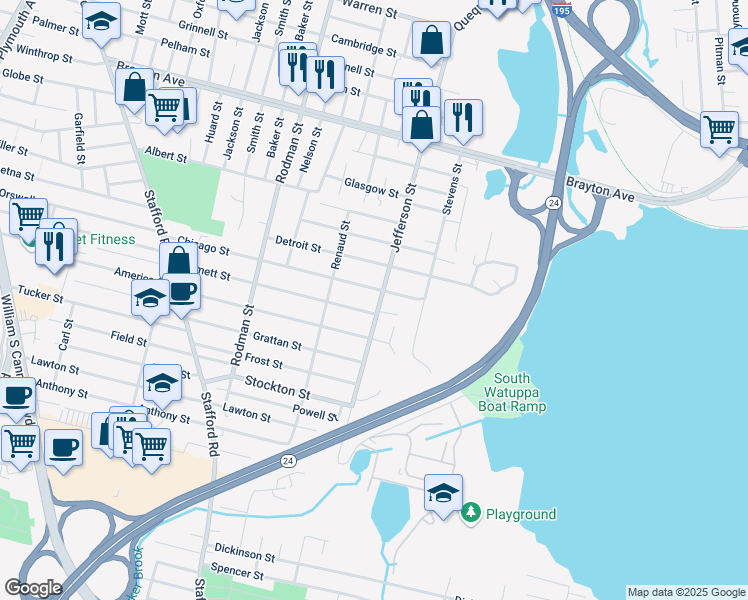 map of restaurants, bars, coffee shops, grocery stores, and more near 635 Jefferson Street in Fall River