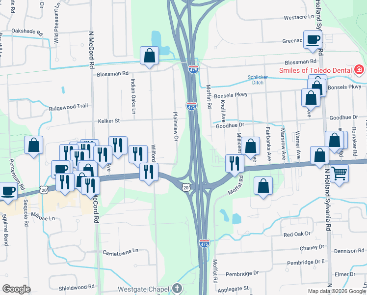 map of restaurants, bars, coffee shops, grocery stores, and more near 3216 Plainview Drive in Toledo
