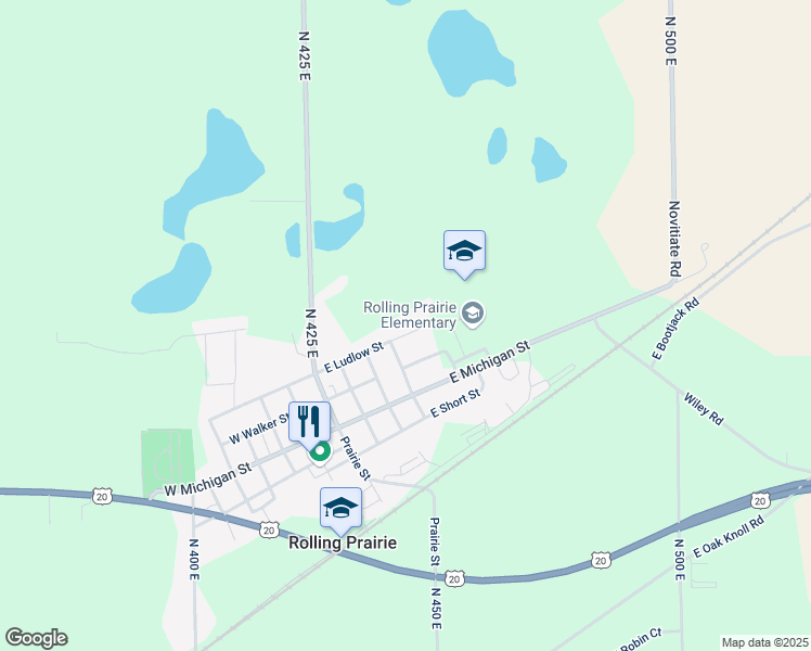 map of restaurants, bars, coffee shops, grocery stores, and more near 508-598 E Ludlow St in Rolling Prairie