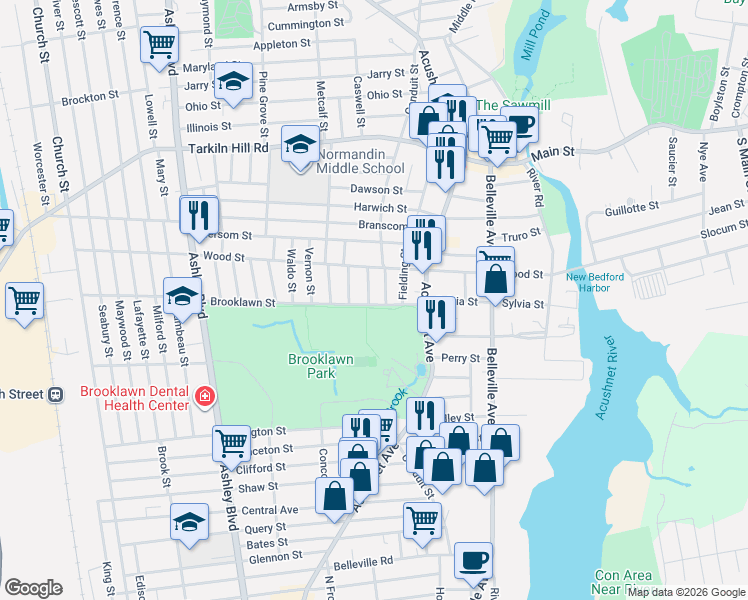 map of restaurants, bars, coffee shops, grocery stores, and more near 59 Brooklawn Street in New Bedford