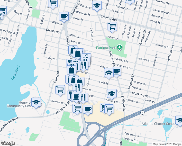 map of restaurants, bars, coffee shops, grocery stores, and more near 456 Tucker Street in Fall River