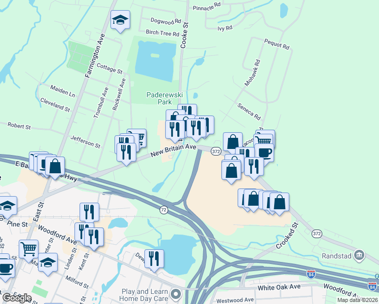 map of restaurants, bars, coffee shops, grocery stores, and more near in Plainville