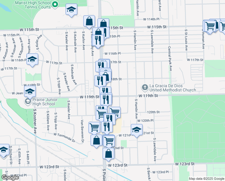 map of restaurants, bars, coffee shops, grocery stores, and more near 11831 South Harding Avenue in Alsip