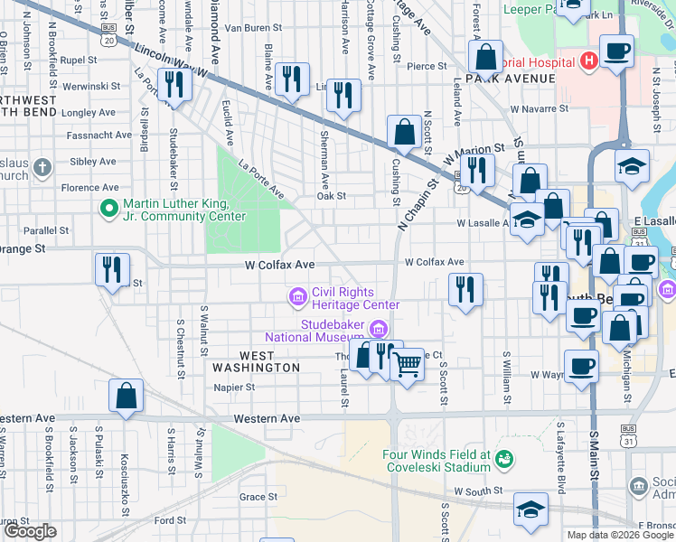 map of restaurants, bars, coffee shops, grocery stores, and more near in South Bend