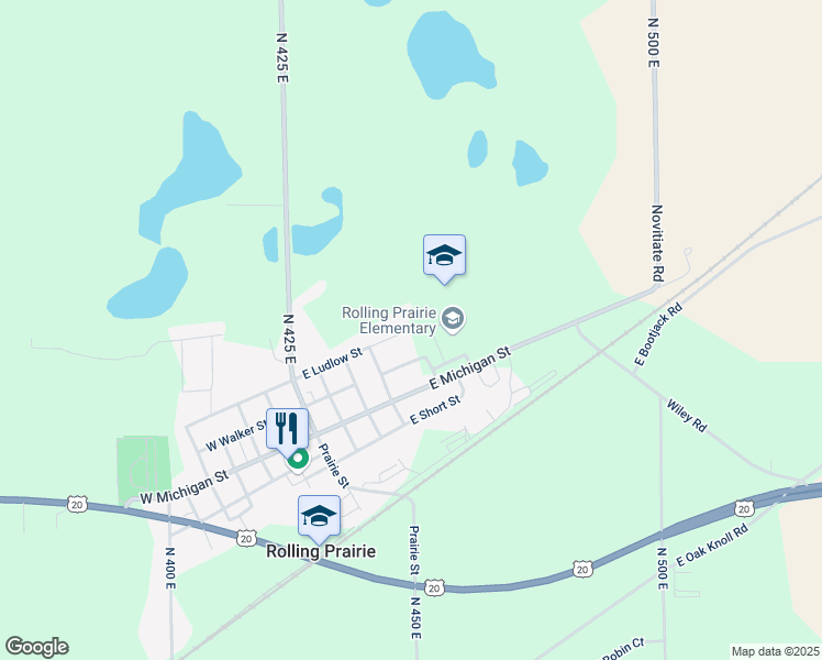 map of restaurants, bars, coffee shops, grocery stores, and more near 598 E Ludlow St in Rolling Prairie