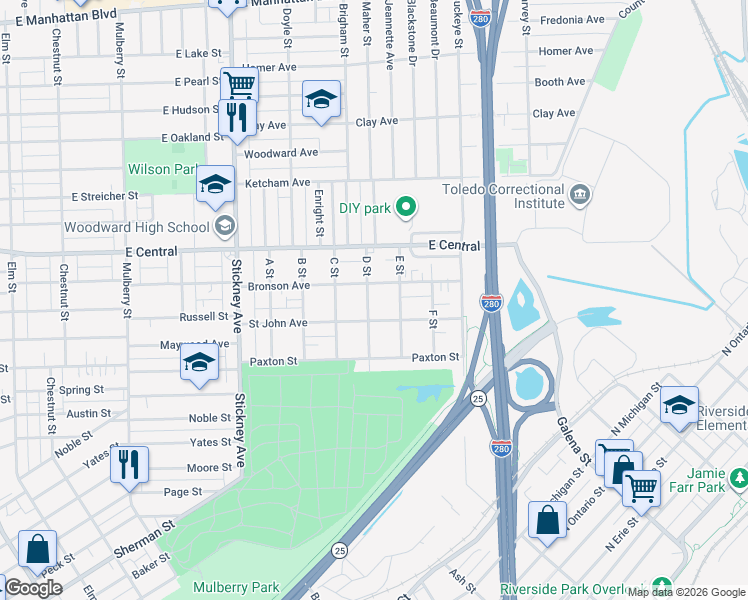 map of restaurants, bars, coffee shops, grocery stores, and more near 1220 Bronson Avenue in Toledo