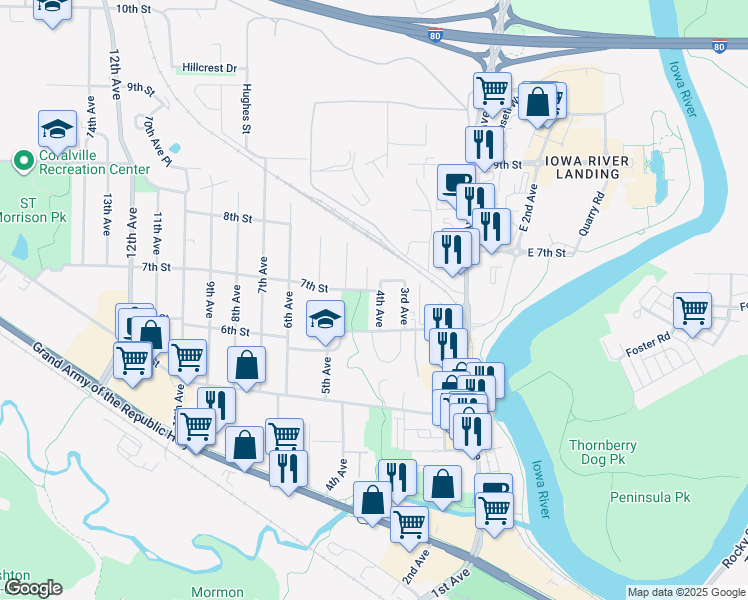 map of restaurants, bars, coffee shops, grocery stores, and more near 612 4th Avenue in Coralville