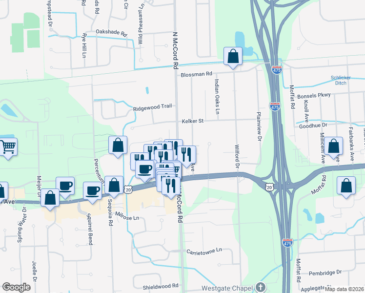 map of restaurants, bars, coffee shops, grocery stores, and more near 3226 North McCord Road in Toledo