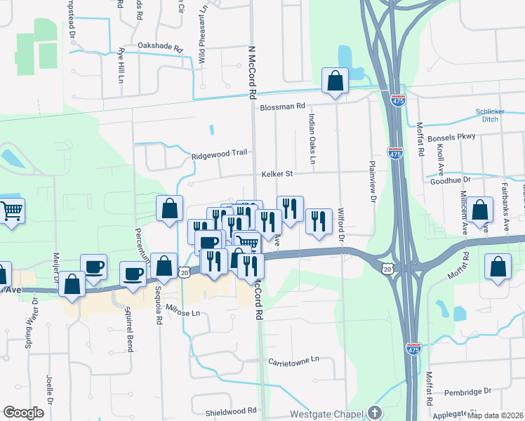 map of restaurants, bars, coffee shops, grocery stores, and more near 3226 North McCord Road in Toledo