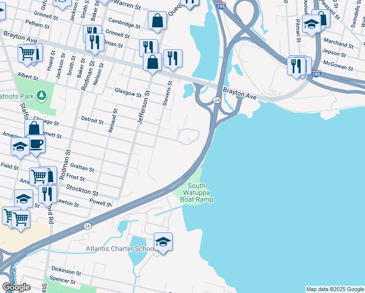 map of restaurants, bars, coffee shops, grocery stores, and more near 521 Detroit Street in Fall River