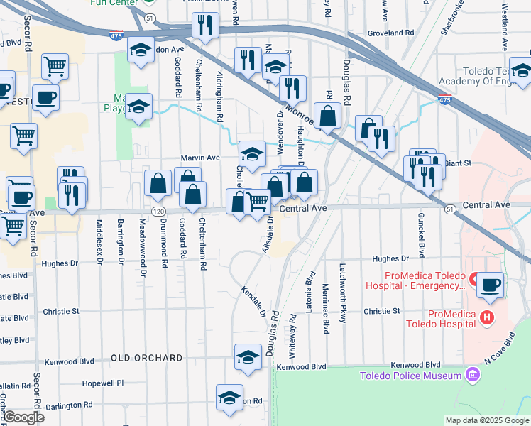 map of restaurants, bars, coffee shops, grocery stores, and more near 272529 Central Avenue in Toledo