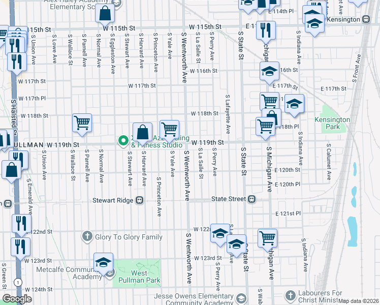 map of restaurants, bars, coffee shops, grocery stores, and more near 11921 South Wentworth Avenue in Chicago