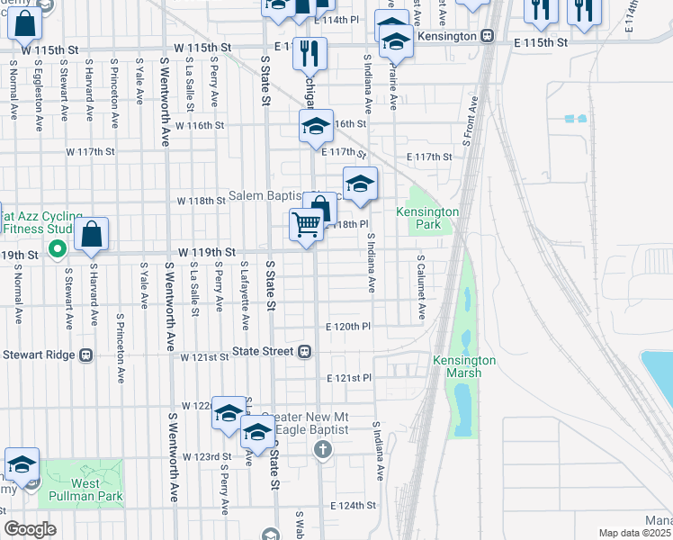 map of restaurants, bars, coffee shops, grocery stores, and more near 124 East 119th Place in Chicago