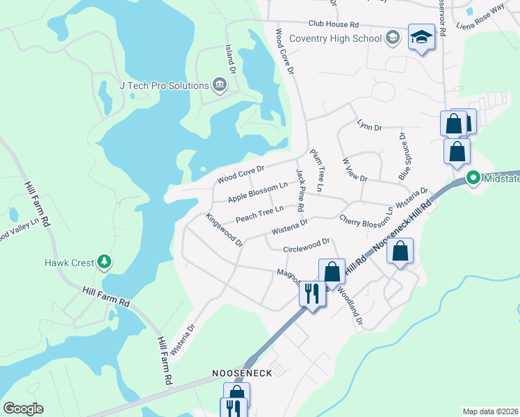 map of restaurants, bars, coffee shops, grocery stores, and more near 9 Peach Tree Lane in Coventry
