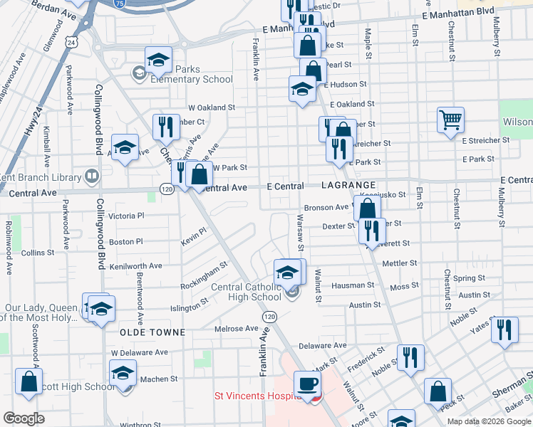 map of restaurants, bars, coffee shops, grocery stores, and more near 29 Birckhead Place in Toledo