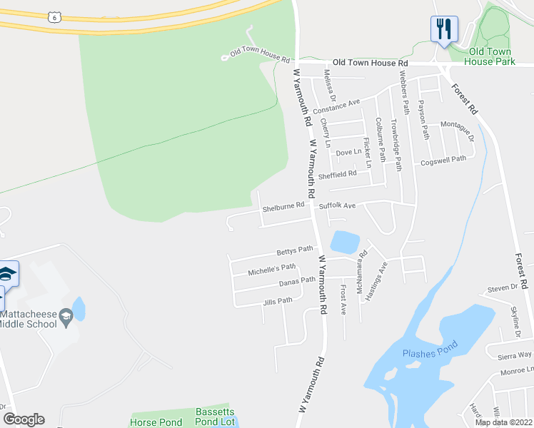 map of restaurants, bars, coffee shops, grocery stores, and more near 37 Shelburne Road in Yarmouth