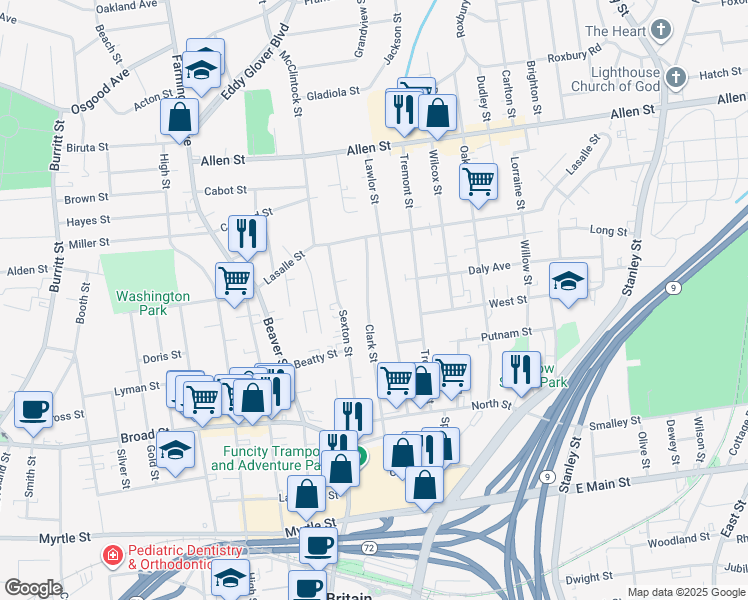 map of restaurants, bars, coffee shops, grocery stores, and more near 201 Clark Street in New Britain