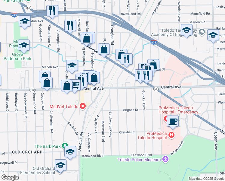 map of restaurants, bars, coffee shops, grocery stores, and more near 3042 Letchworth Parkway in Toledo