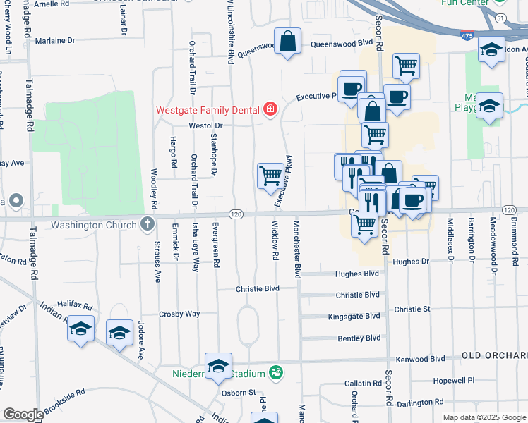 map of restaurants, bars, coffee shops, grocery stores, and more near 3101 Executive Parkway in Toledo
