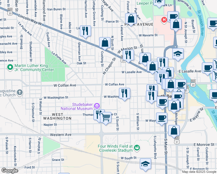 map of restaurants, bars, coffee shops, grocery stores, and more near 724 West Colfax Avenue in South Bend