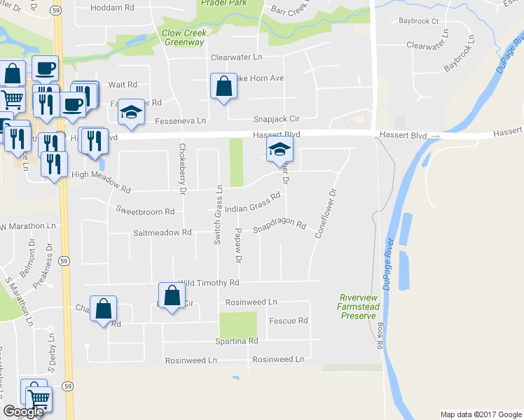 map of restaurants, bars, coffee shops, grocery stores, and more near 2324 Indian Grass Road in Naperville