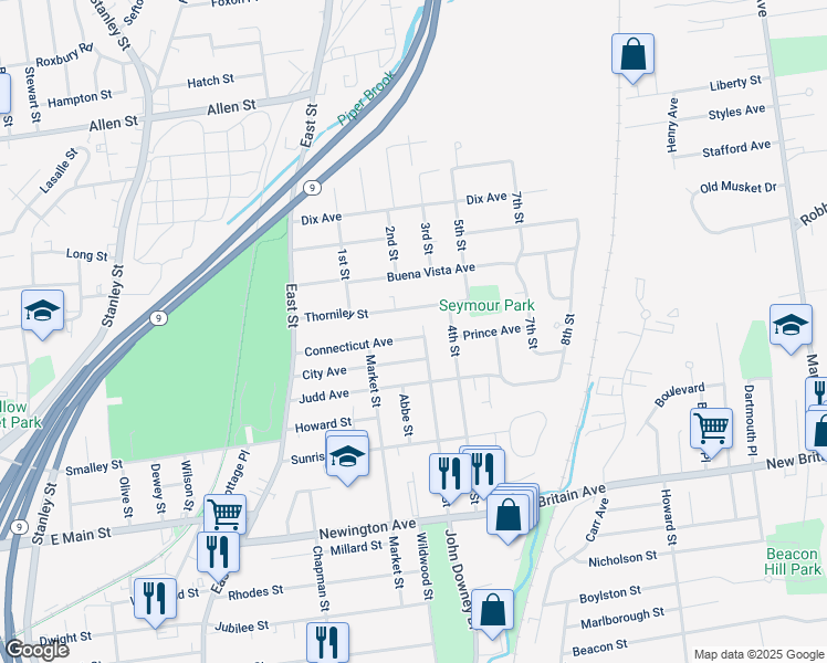 map of restaurants, bars, coffee shops, grocery stores, and more near 126 Connecticut Avenue in New Britain