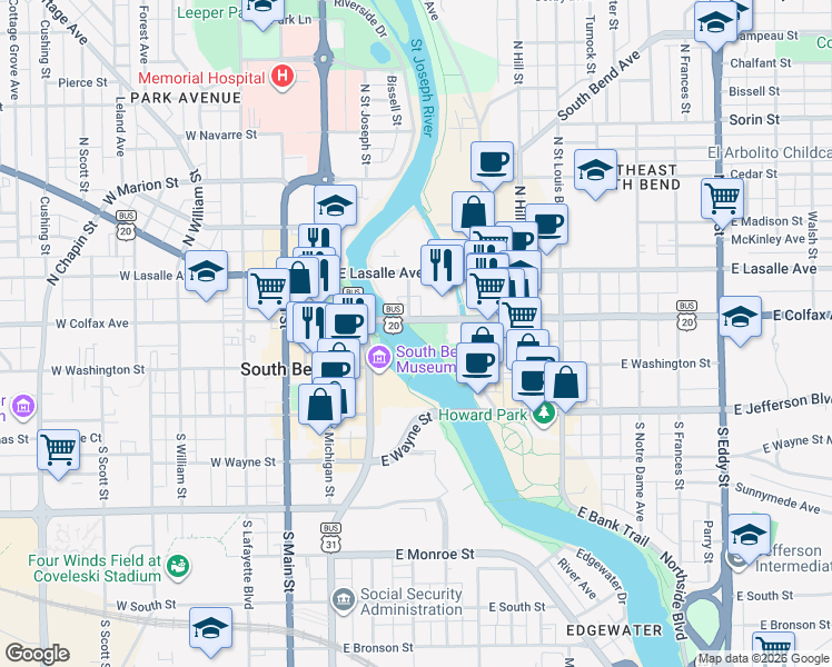 map of restaurants, bars, coffee shops, grocery stores, and more near 316 East Colfax Avenue in South Bend