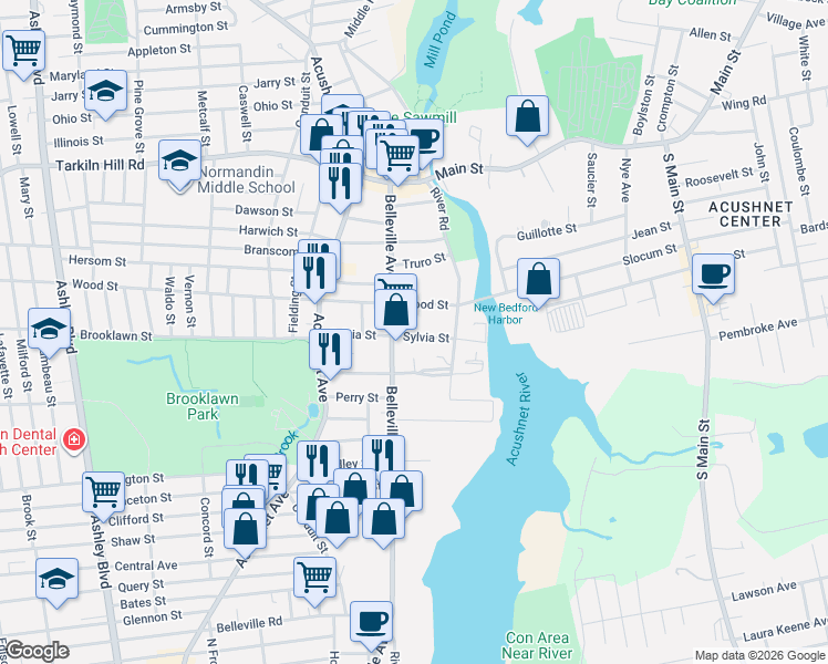 map of restaurants, bars, coffee shops, grocery stores, and more near 89 Sylvia Street in New Bedford