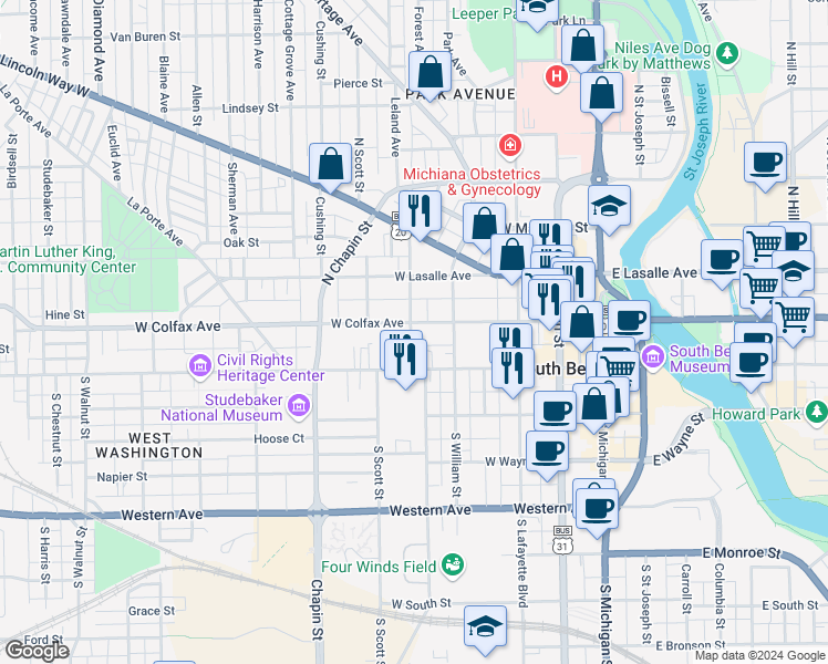 map of restaurants, bars, coffee shops, grocery stores, and more near 536 West Colfax Avenue in South Bend