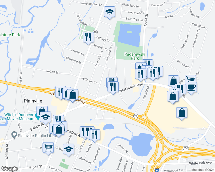 map of restaurants, bars, coffee shops, grocery stores, and more near 122 Williams Street in Plainville