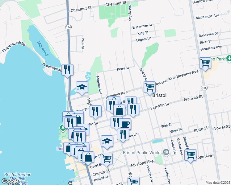 map of restaurants, bars, coffee shops, grocery stores, and more near 75 Bayview Avenue in Bristol