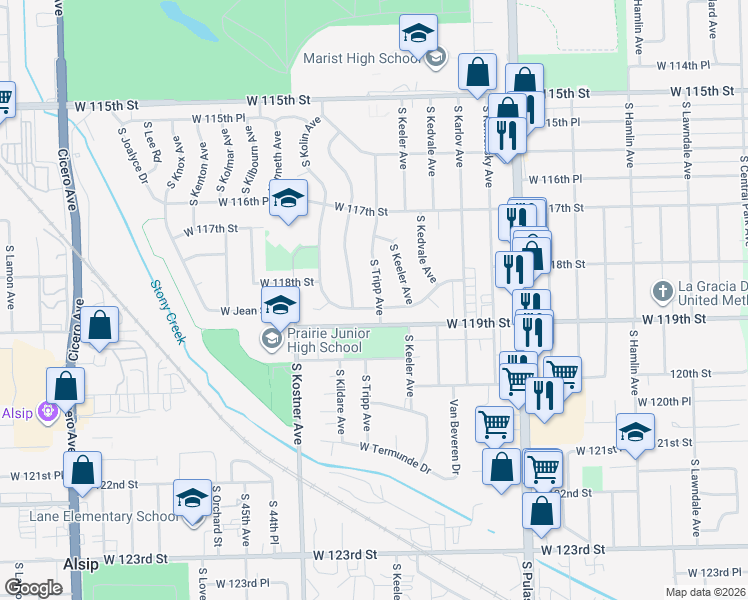 map of restaurants, bars, coffee shops, grocery stores, and more near 4300 West 118th Place in Alsip