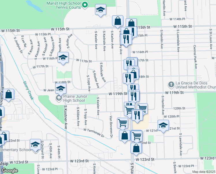 map of restaurants, bars, coffee shops, grocery stores, and more near 4155 West 118th Place in Alsip