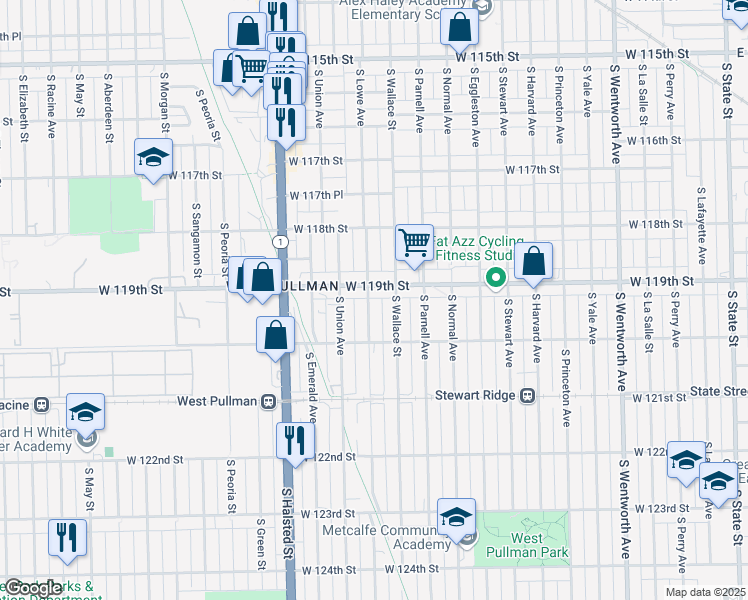 map of restaurants, bars, coffee shops, grocery stores, and more near 11915 South Lowe Avenue in Chicago