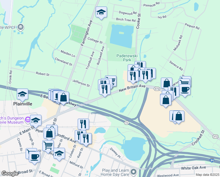 map of restaurants, bars, coffee shops, grocery stores, and more near 2 Grant Avenue in Plainville
